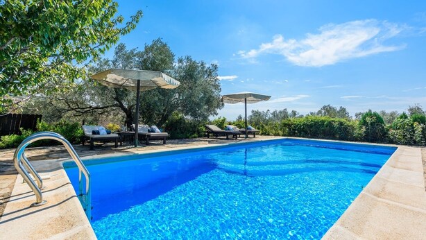 Una piscina azul cristalina con sillas de descanso y sombrillas, rodeada de vegetación.