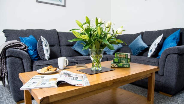 Una mesa de centro de madera con una revista, un plato de galletas, una taza, un florero con flores y una caja de pañuelos en una sala de estar con un sofá gris y cojines azules.