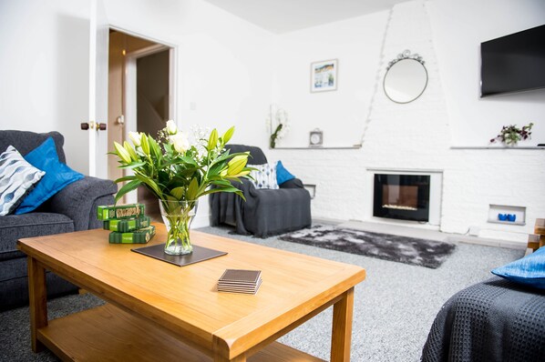 TV, fireplace
