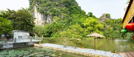 A serene pond with lily pads, a small bridge, and a mountain backdrop.