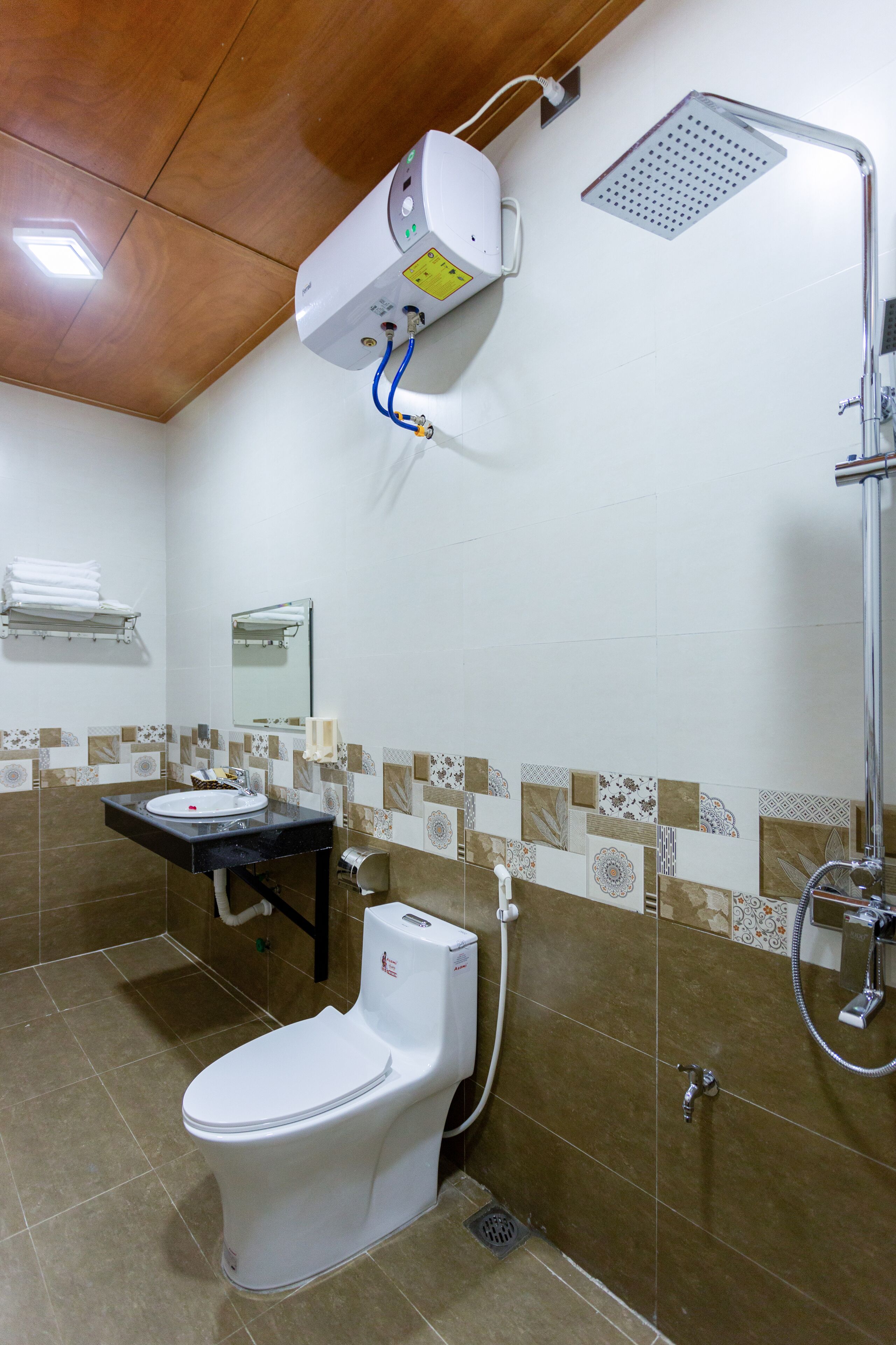 Une salle de bain équipée de toilettes, d’un lavabo, d’un miroir, d’une douche et d’un appareil fixé au plafond.