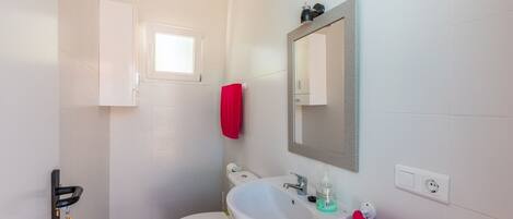 A small bathroom with a toilet, sink, and a mirror.