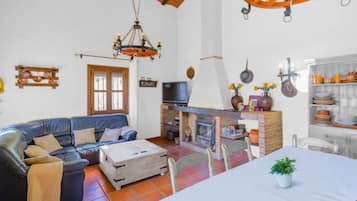 Een televisie, een open haard, een dvd-speler en een tafeltennistafel