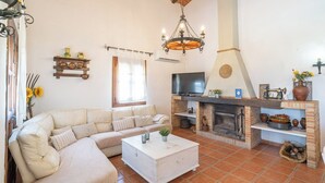 Een woonkamer met een bank, televisie, open haard en decoratieve elementen.