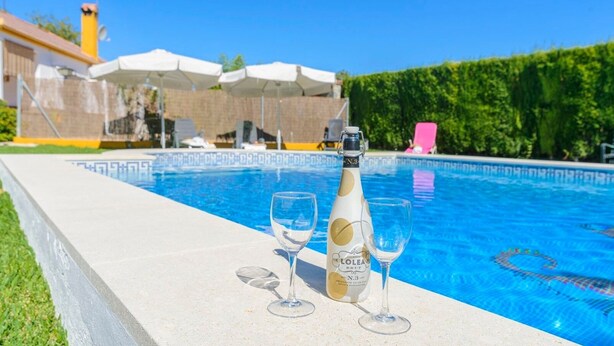 A poolside setting with a bottle of Lolei Brut No. 3 champagne and two glasses on a concrete ledge.
