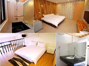 A hotel room with a shower, a bed, a bedside table, a wardrobe, and a bathroom with a sink and mirror.