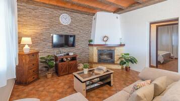 Télévision, cheminée, lecteur de DVD, table de tennis de table