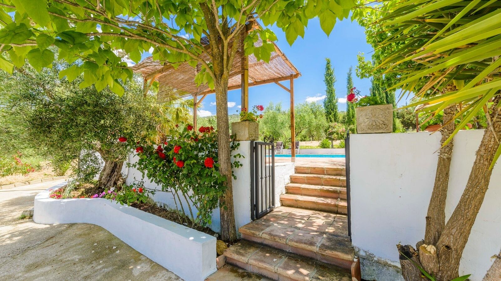 Una entrada al jardín con un pérgola, una piscina al fondo y una escalera que lleva a la zona de la piscina.