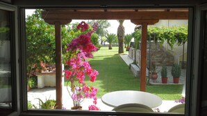 Vista a través de una ventana de un patio con césped, plantas en macetas y una estructura de pérgola.
