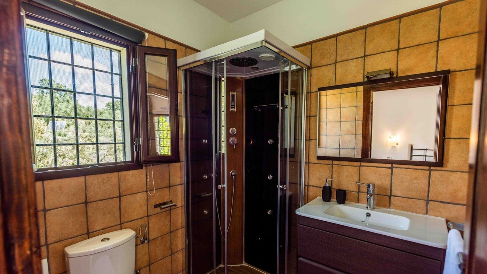 Une salle de bain avec des toilettes, un lavabo et une douche.
