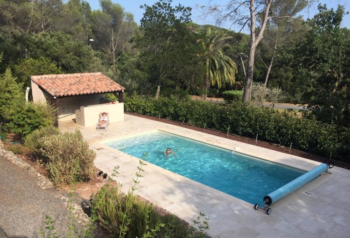 Seasonal outdoor pool, pool umbrellas, pool loungers