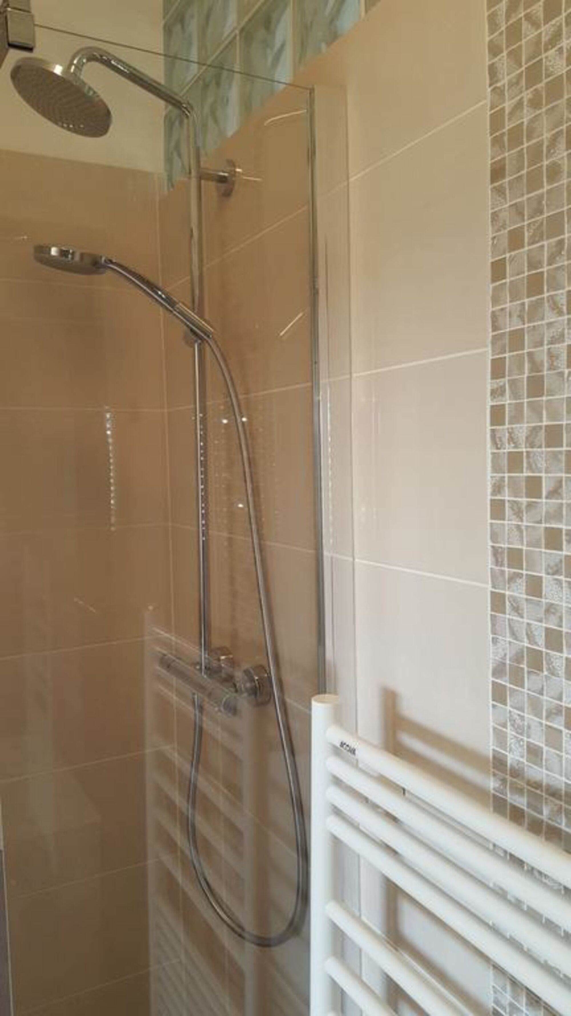 Eine Dusche mit Glastür und einem weißen Handtuchhalter.