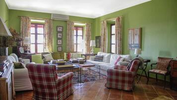 Smart TV, fireplace, books