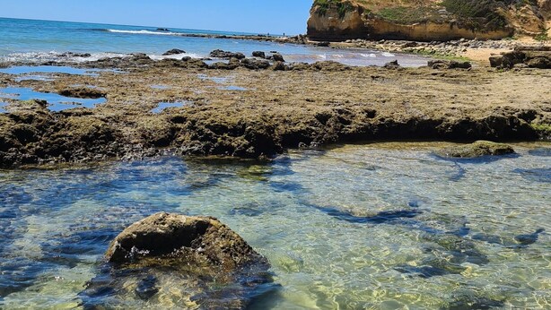 Une plage côtière aux eaux calmes et au sable clair, bordée de formations rocheuses.