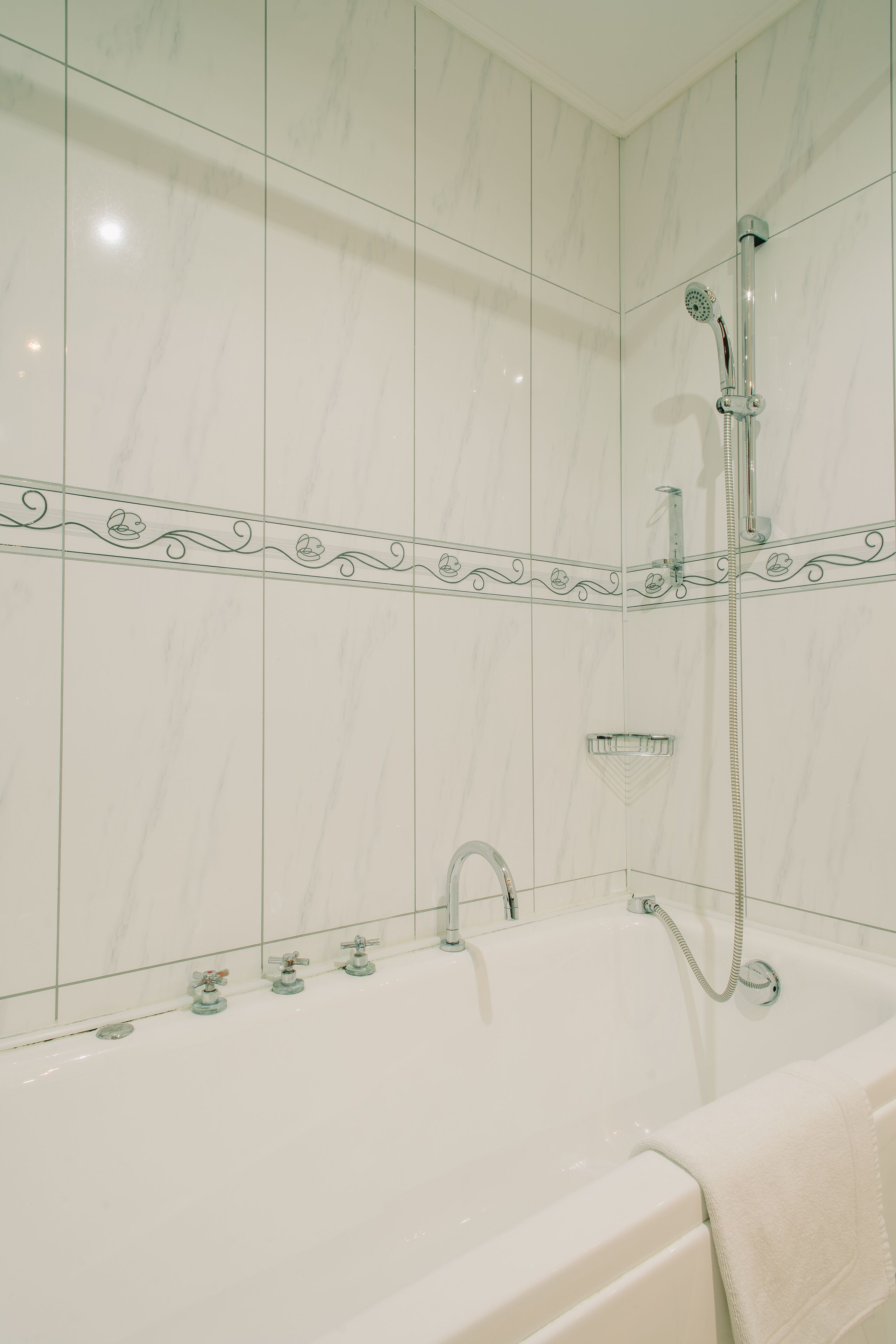 Ein modernes Badezimmer mit freistehender Badewanne, einer Duschbrause und einer dekorativen Fliesenleiste.