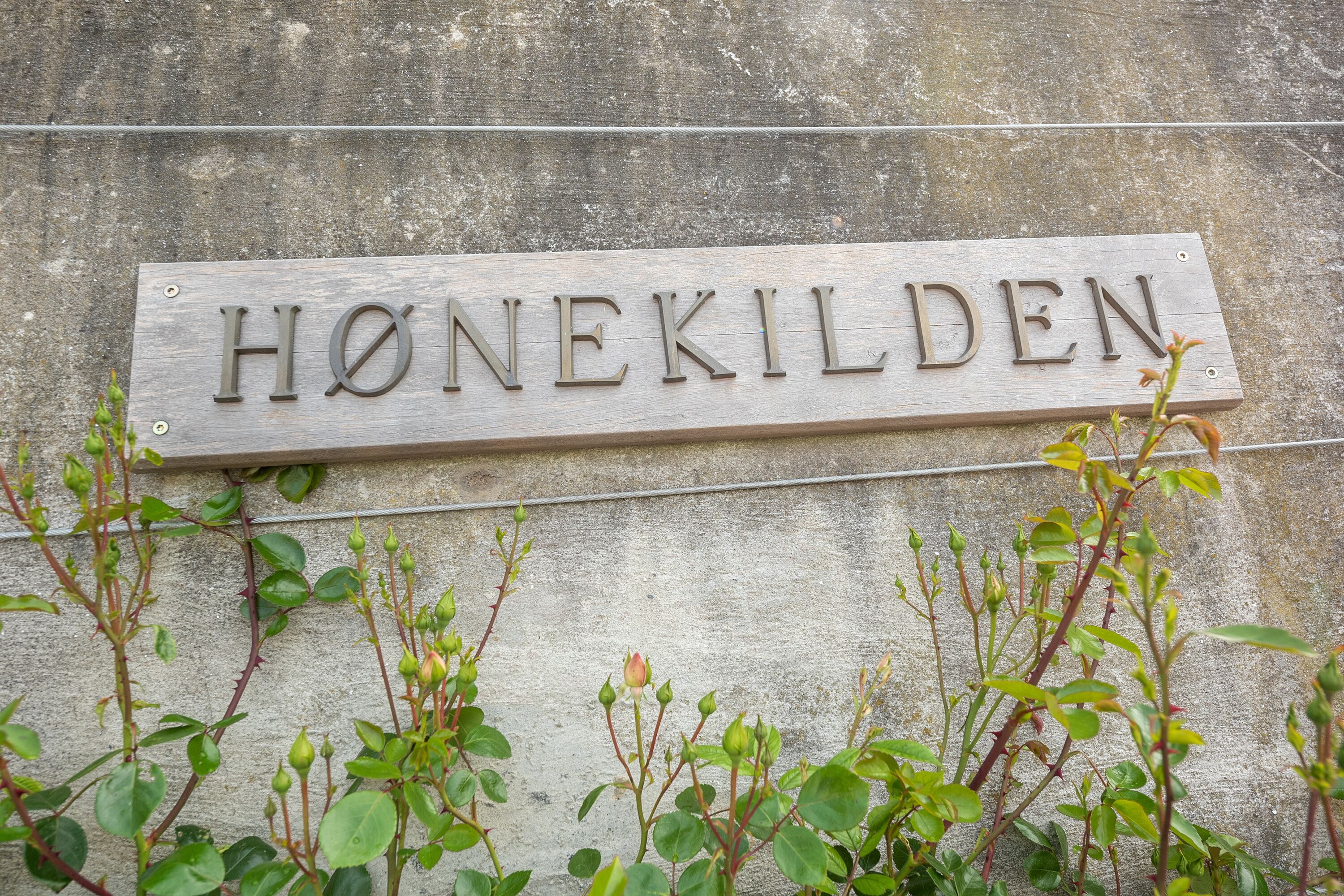A wooden sign with the name "HØNEKILDEN" mounted on a concrete wall.