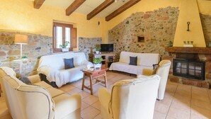 A cozy living room with stone walls, a fireplace, and comfortable seating. - El Cortijo de Camama Villaviciosa de Córdoba by Ruralidays (Córdoba)