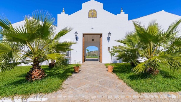 A white building with a central doorway, flanked by palm trees and a stone pathway leading to it. - Finca Las Encinillas Arcos de la Frontera by Ruralidays (Cádiz)