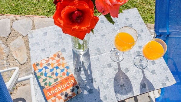 A table with a book titled 'Andalucía', two glasses of orange juice, and a red rose. - Casita Monica Órgiva by Ruralidays (Granada)