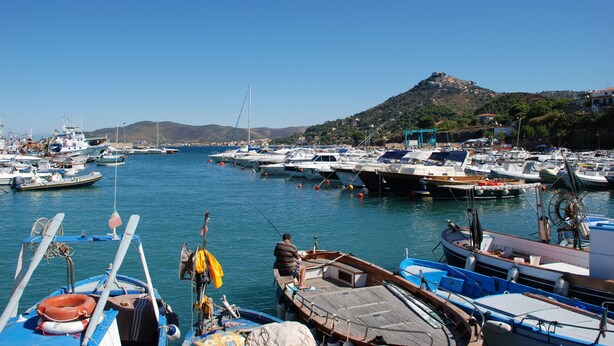 Un port de plaisance où sont amarrés différents types de bateaux, un ciel dégagé et une colline en arrière-plan.