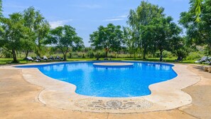 A swimming pool with a curved edge, surrounded by a stone deck and lounge chairs. - Cuevas La Chumbera - Cerezos 2pax Fonelas by Ruralidays (Granada)