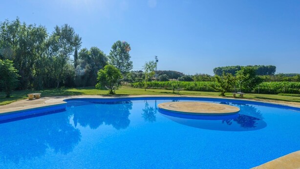 A large, clear blue swimming pool with a circular deck area, surrounded by lush greenery and trees. - Cuevas La Chumbera - Jazmines 9pax Fonelas by Ruralidays (Granada)