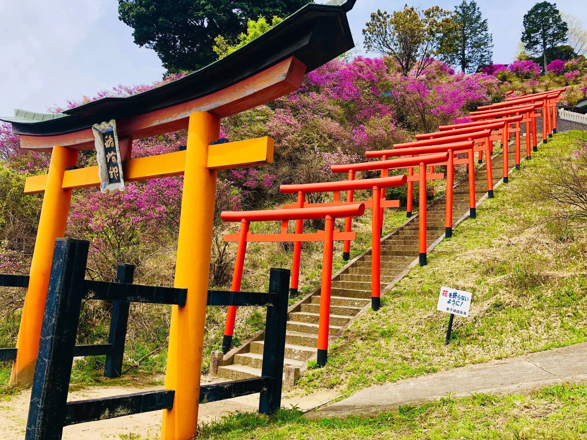 Una escalera con barandas rojas que lleva a un torii japonés tradicional.
