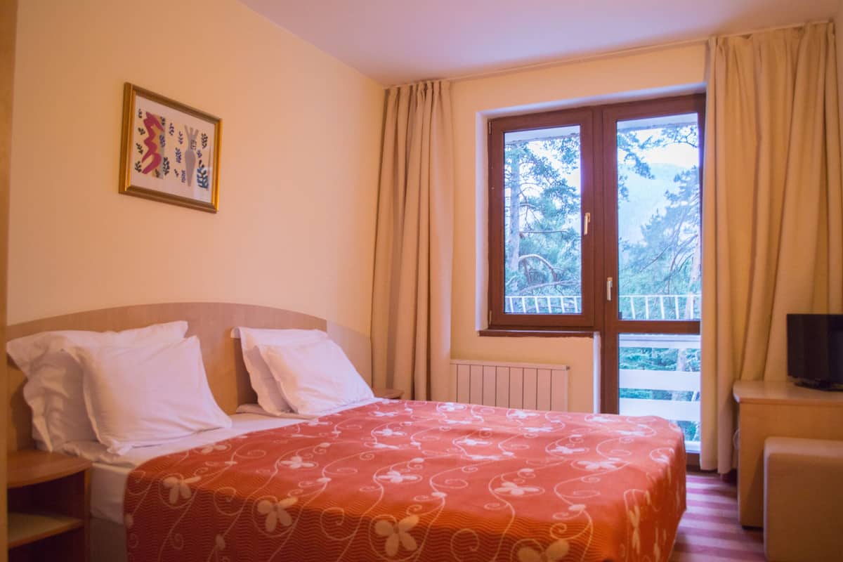 Une chambre d’hôtel avec un lit, une télévision et une fenêtre avec des rideaux.