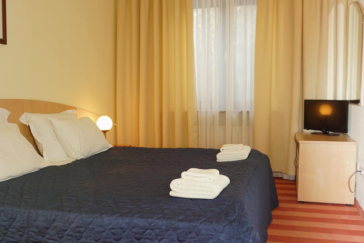 Une chambre d’hôtel avec un grand lit, un téléviseur posé sur une table de chevet et des rideaux à la fenêtre.