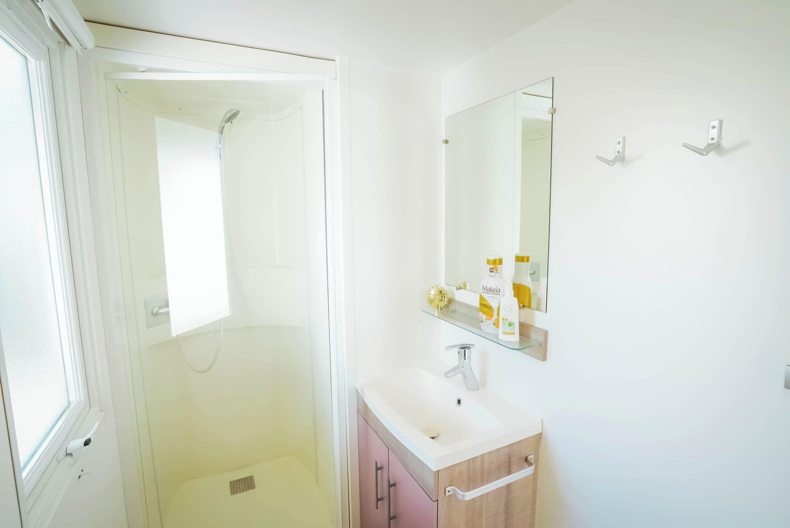 Un baño con ducha, lavamanos y espejo.