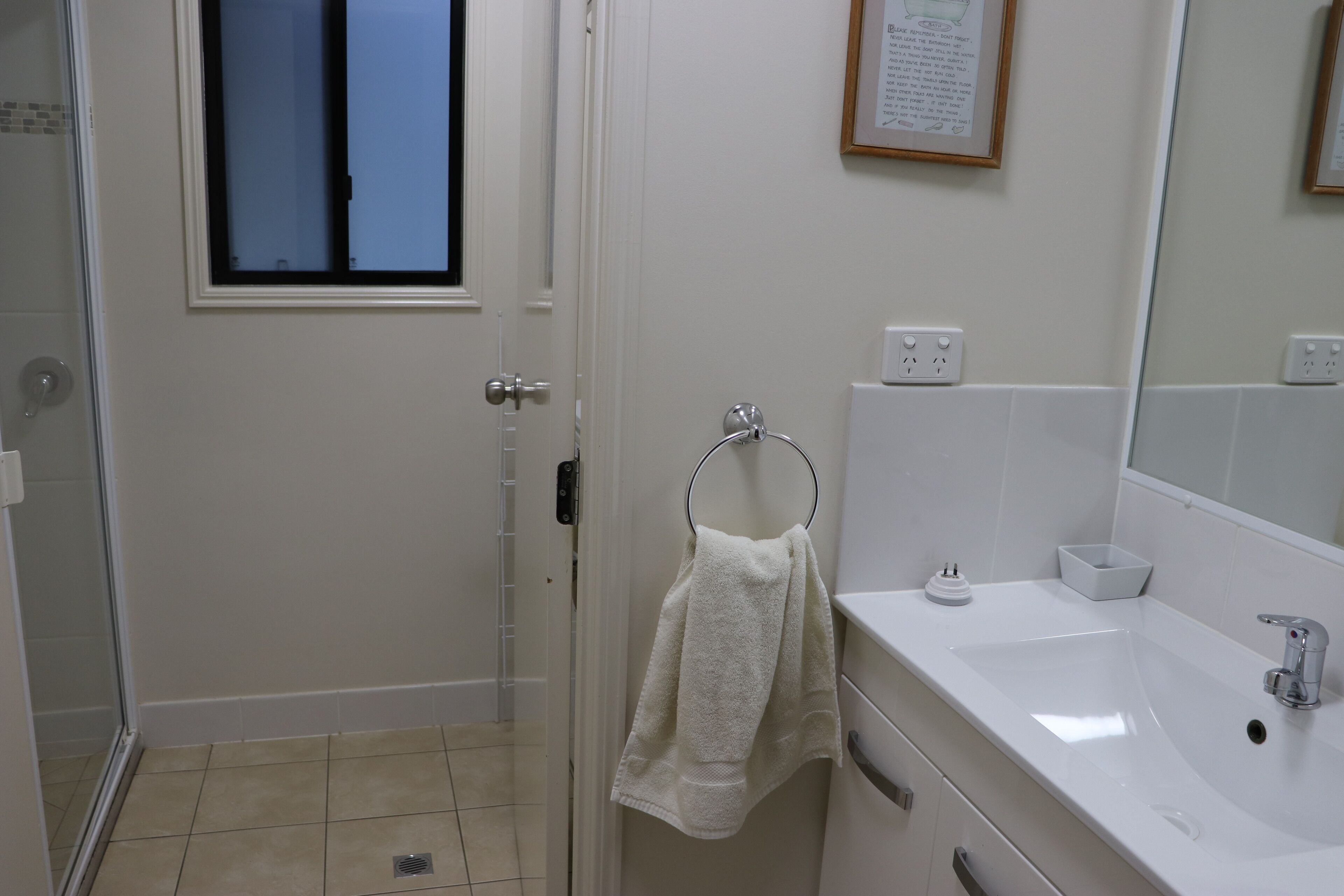 Shower, eco-friendly toiletries, hair dryer, towels