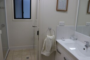 Shower, eco-friendly toiletries, hair dryer, towels