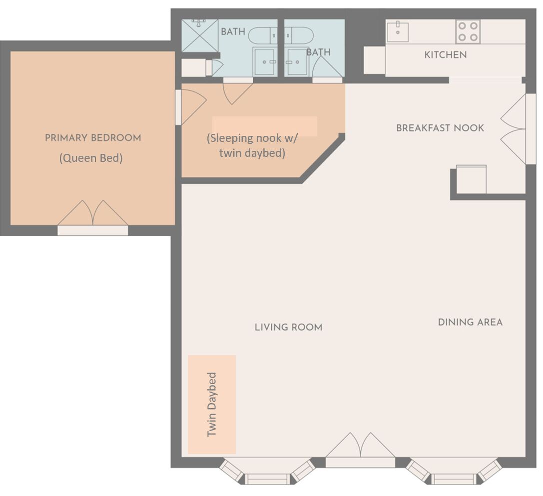 A floor plan with a primary bedroom (queen bed), a sleeping nook with twin daybed, a living room, a dining area, a breakfast nook, and a kitchen.