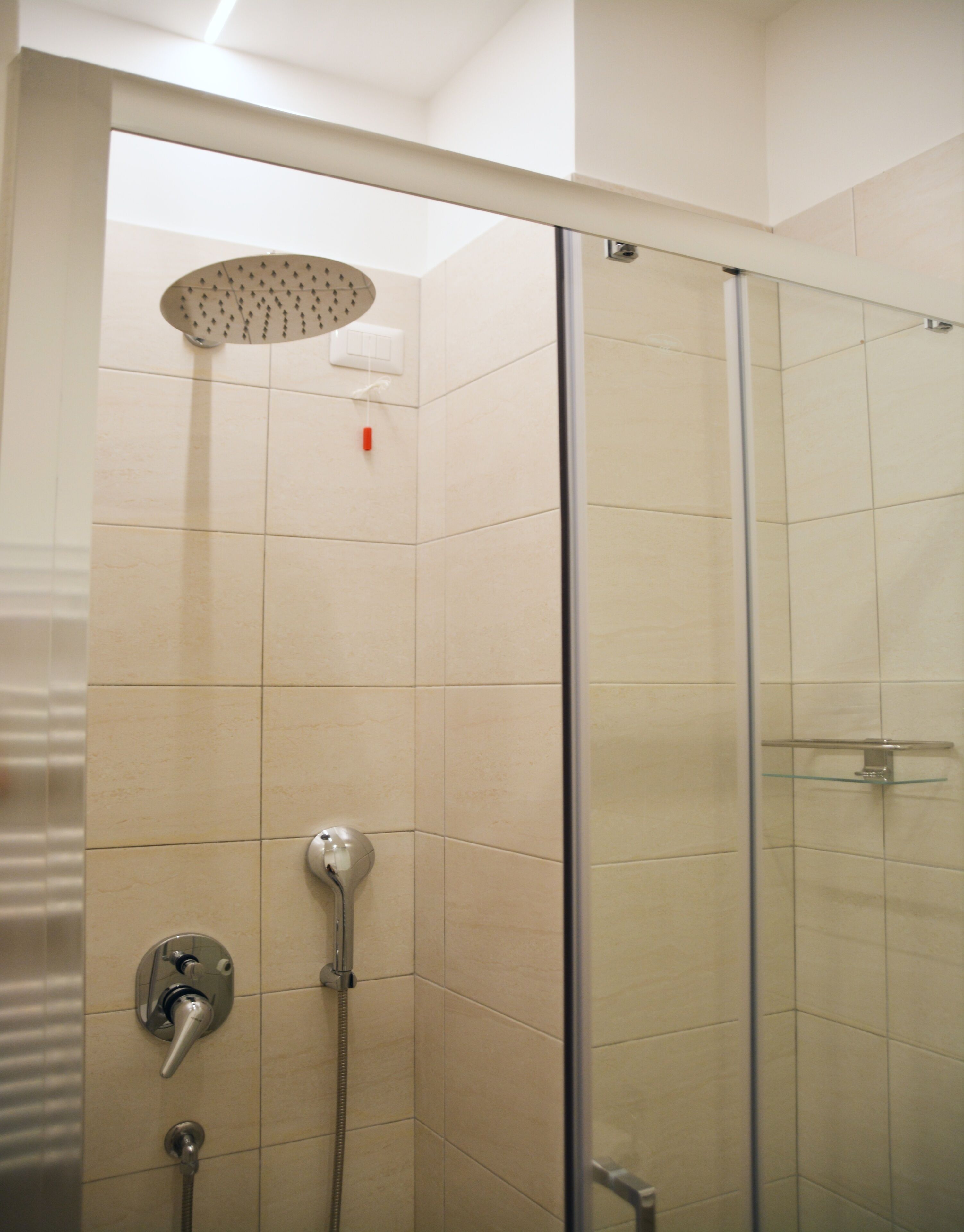 A glass-enclosed shower with a handheld showerhead and a wall-mounted control.