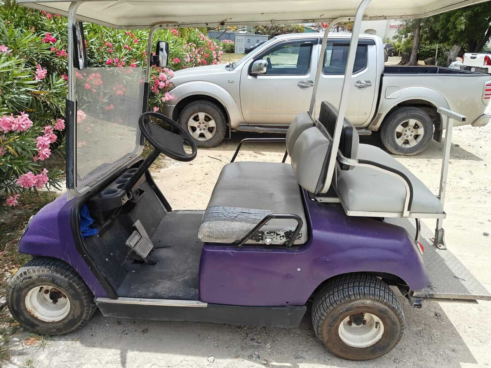 En lila golfbil står parkerad utomhus, med en vit pickupbil i bakgrunden.