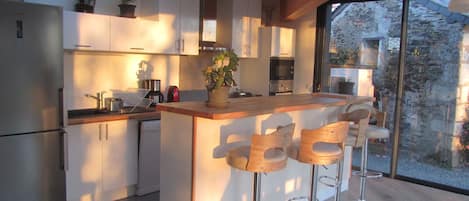 Fridge, microwave, stovetop, coffee/tea maker