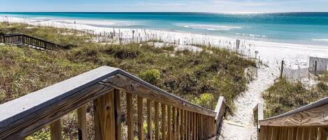 On the beach, sun loungers, beach towels