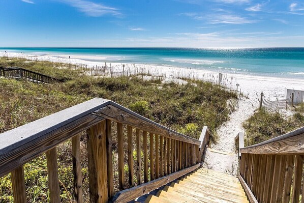 On the beach, sun-loungers, beach towels