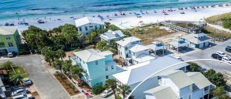 On the beach, sun-loungers, beach towels