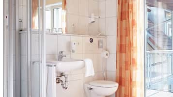 Shower, free toiletries, hair dryer, towels
