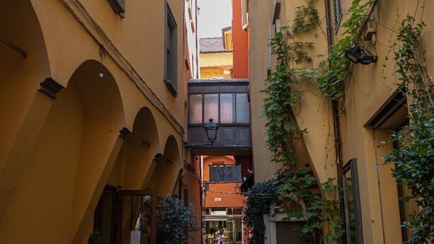 A narrow cobblestone alley flanked by buildings with arched doorways and windows, suggesting a historic or traditional setting. - Hotel Roma (Bologna)
