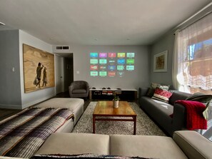 Smart TV, fireplace, Netflix, books
