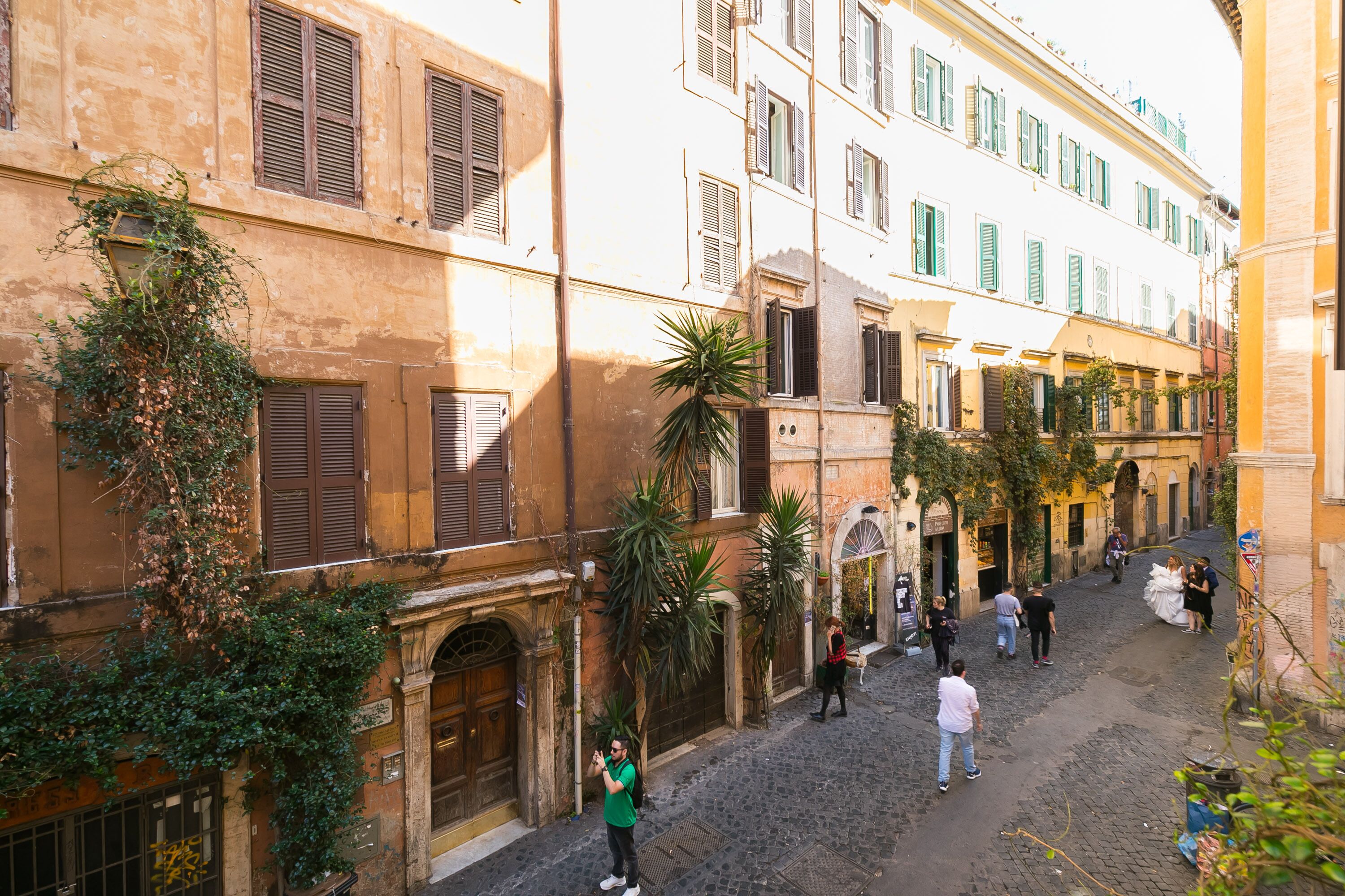 A narrow cobblestone street lined with historic buildings, some with shutters and greenery.