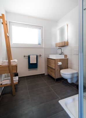 Shower, hair dryer - Water house "The Nordic House" at Ostseeresort Olpenitz - sun deck & sea view (Olpenitz)