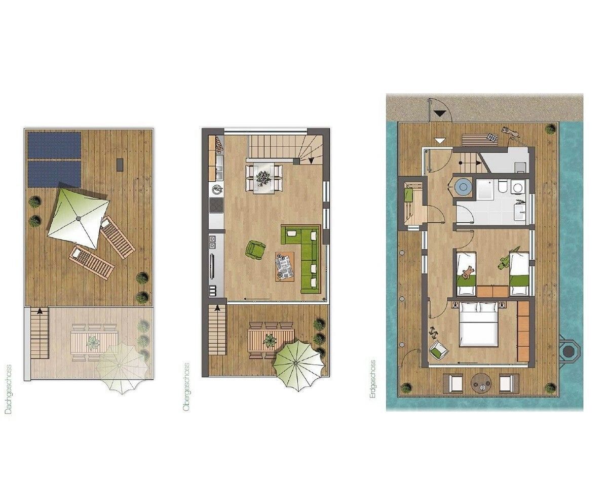 Three floor plans of a hotel with different layouts.