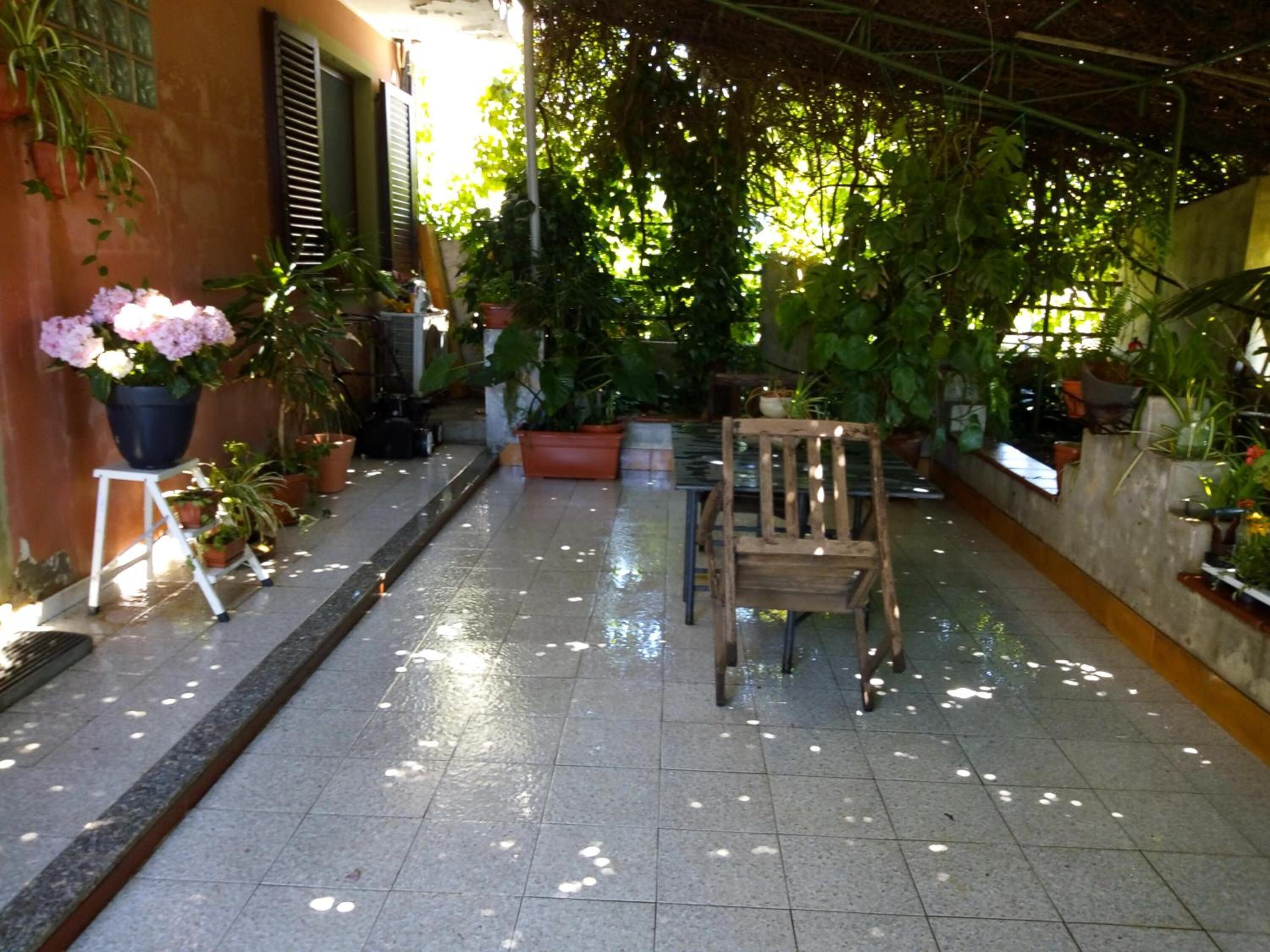 An outdoor patio with a tiled floor, potted plants, and a wooden chair.