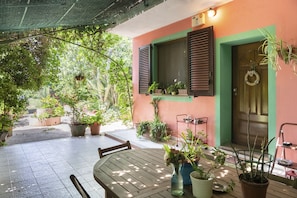 Un patio con mesa y sillas de madera, rodeado de plantas en macetas y una puerta verde.