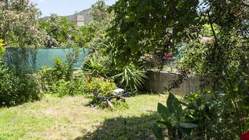 A garden with various plants and flowers, a concrete wall, and a green fence.