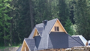 A cabin with a steeply pitched roof, a chimney, and a log foundation. - Willa Sport (Zakopane)