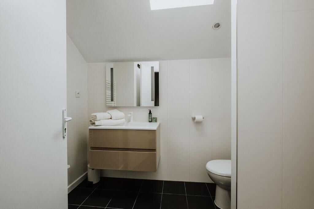 Un bagno piccolo e moderno con lavandino, specchio e WC bianchi.